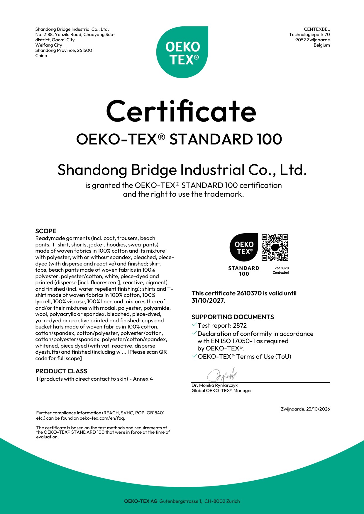 OEKO-TEX STANDARD 100 certificate